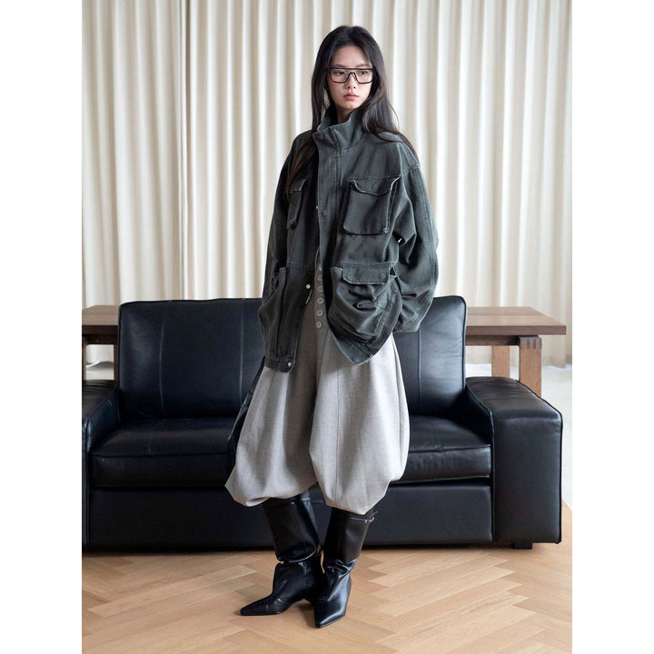 Damen Oversized Feldjacke aus robustem Canvas mit hohem Kragen und aufgesetzten Taschen Echoarchiv