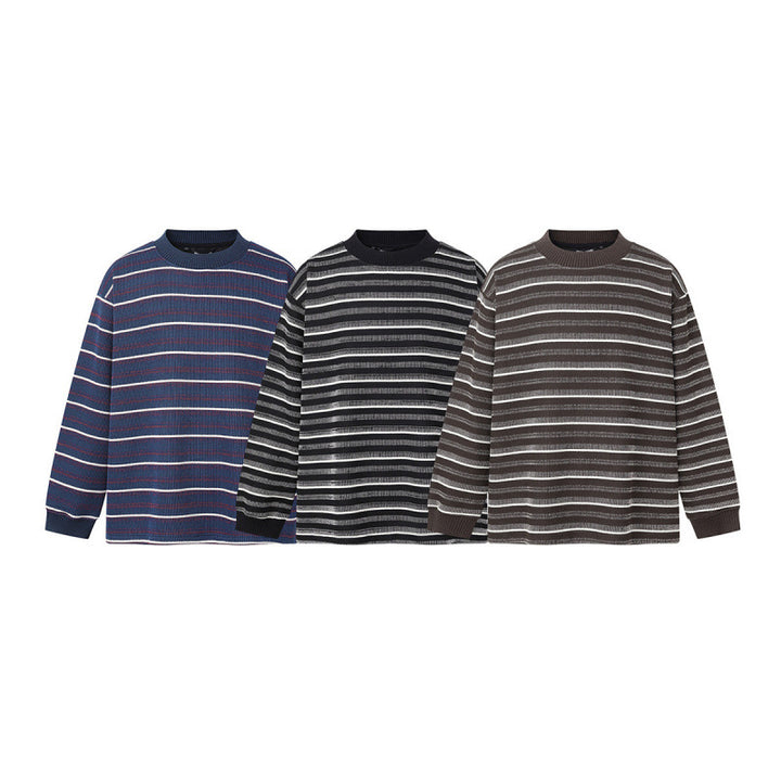 Unisex Locker geschnittener Strukturstrick-Pullover mit Rundhals und maritimen Streifen Echo Archiv