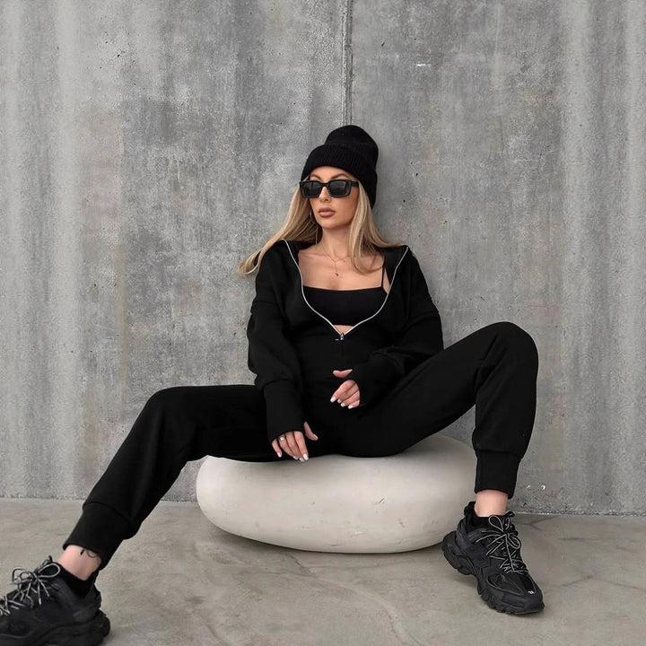 Damen Figurbetontes Kapuzen-Loungewear-Set mit tailliertem Zip-Hoodie und High-Waist Jogginghose – Avérine