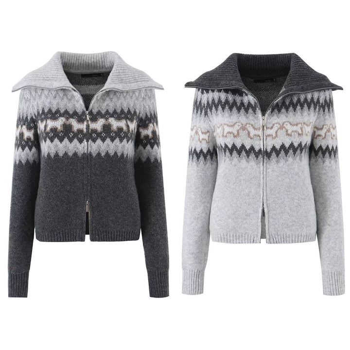 Damen Gestrickte Zip-Cardigan mit Norwegermuster und extra breitem Umlegekragen Echo Archiv