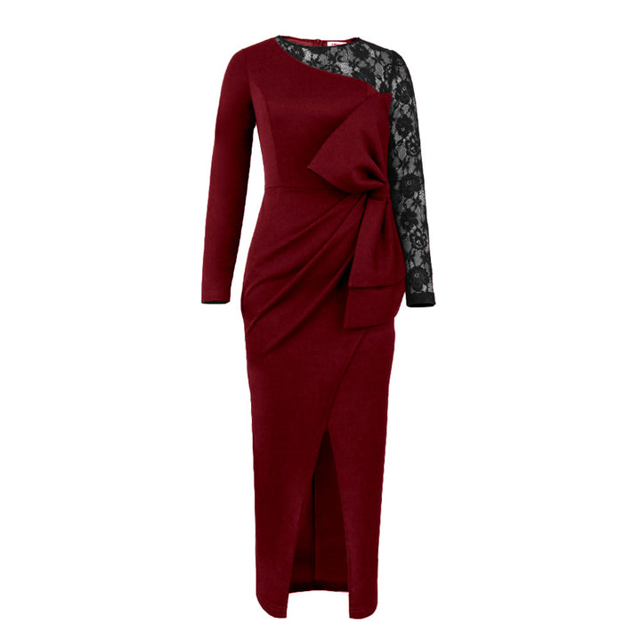 Damen elegantes Etuikleid mit aufwendigem Spitzenärmel und drapiertem Saum Echo Archiv