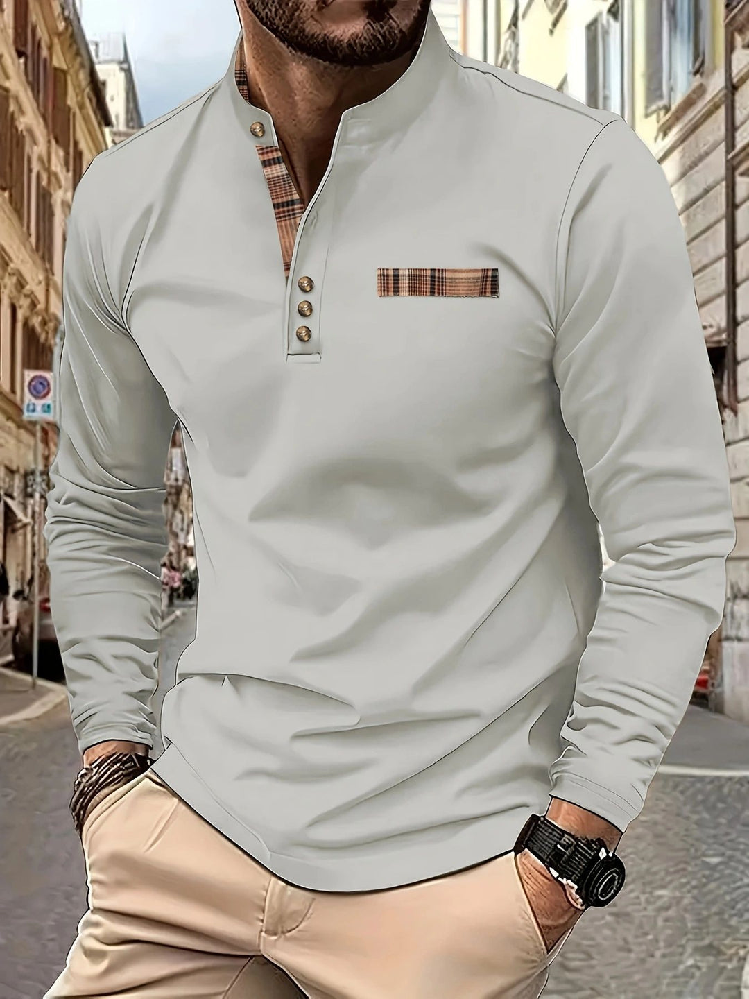 Herren langärmliges Poloshirt mit modernem Karomuster Echoarchiv