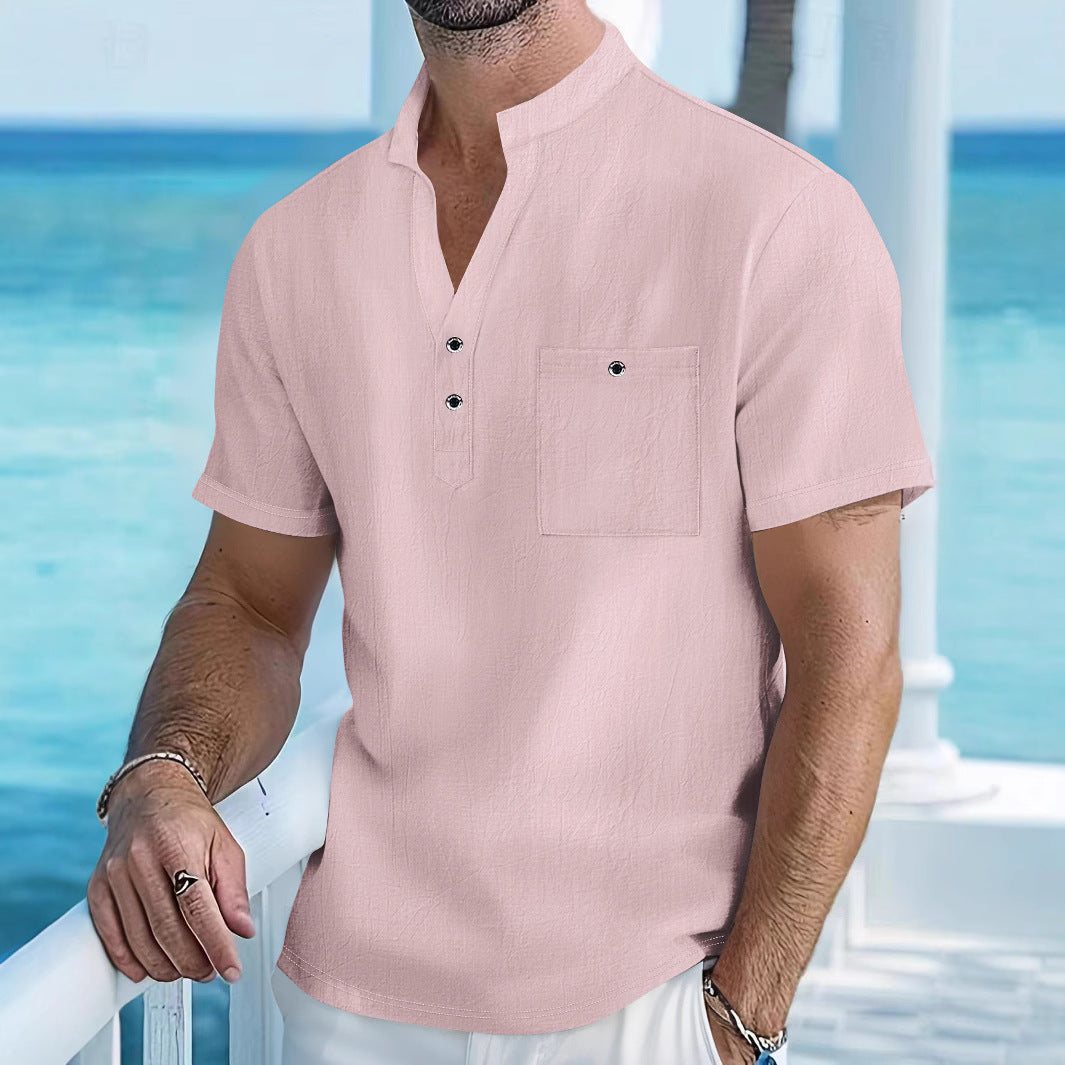 Herren Kurzarm-Hemd mit modischem Henley-Ausschnitt und Brusttasche Echoarchiv