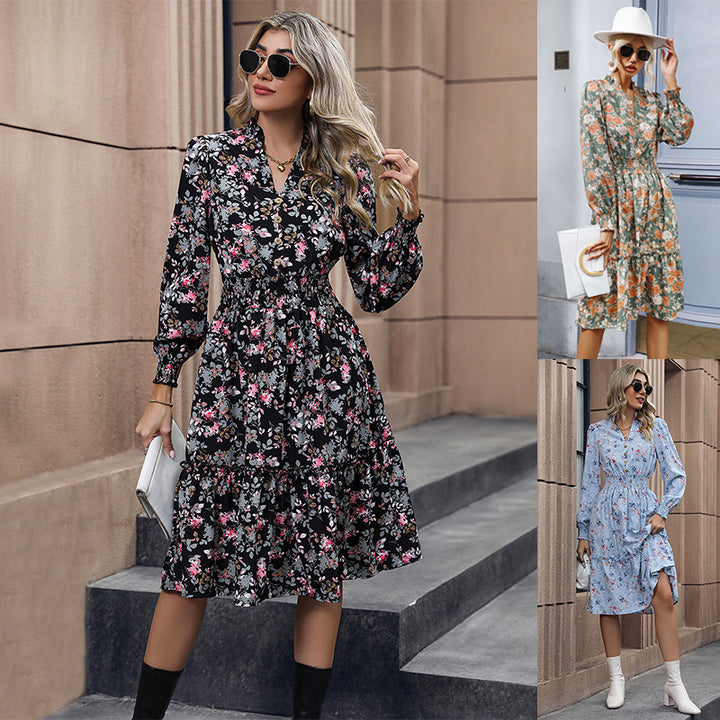 Damen Midikleid mit floralem Alloverprint, gerafftem Smock-Taillenbund und Volant-Saum – Élara