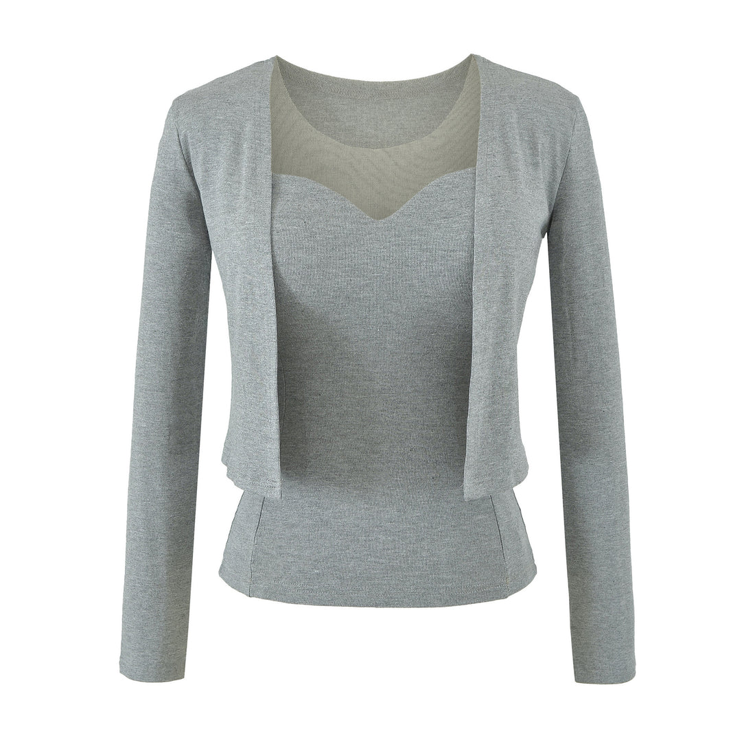 Damen Zweiteiliges Feinstrick-Top-Set mit Mesh-Einsatz und offenem Cardigan Echoarchiv