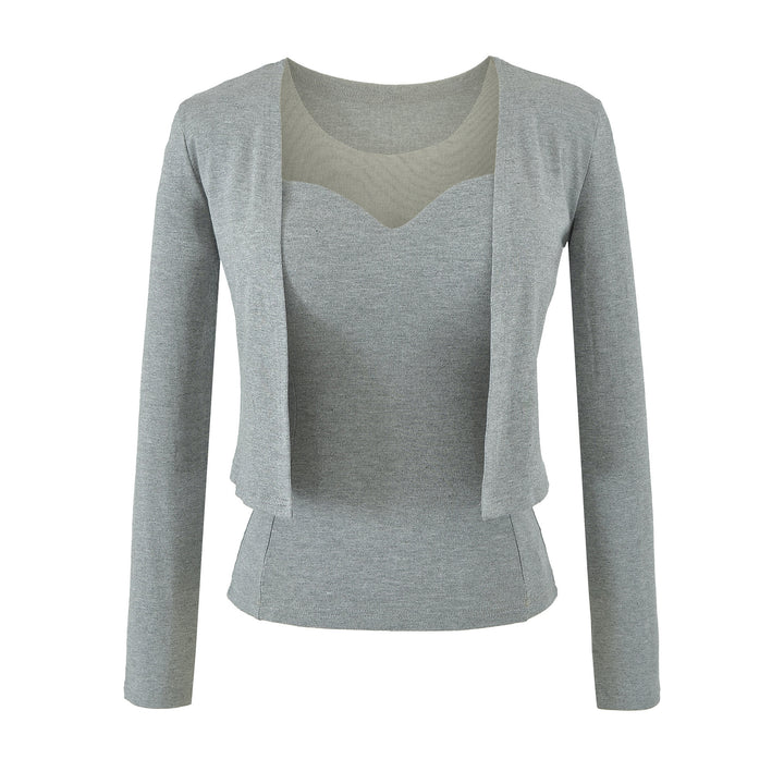 Damen Zweiteiliges Feinstrick-Top-Set mit Mesh-Einsatz und offenem Cardigan Echoarchiv