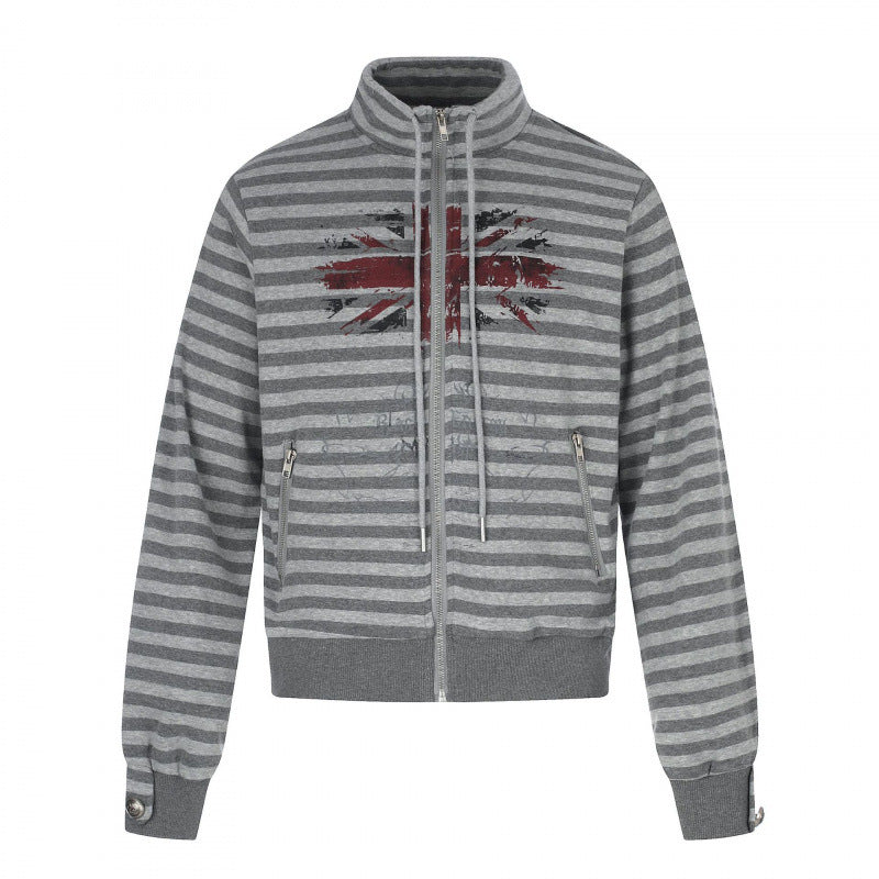 Unisex Gestreifter Zip-Hoodie mit Troyerkragen, Brust-Print und Reißverschlusstaschen Echo Archiv