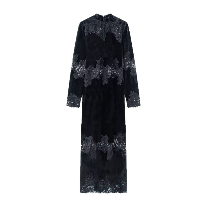 Damen Samt-Maxikleid mit Spitzenbesatz, Stehkragen und langen Ärmeln Echo Archiv