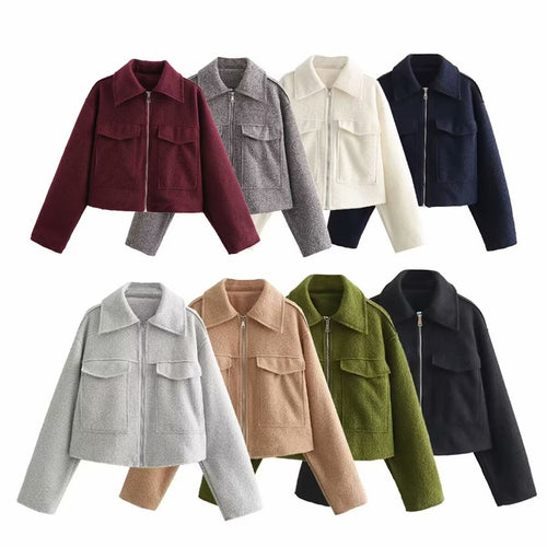 Damen Boxy-Cropped-Jacke aus Bouclé‑Wollmix mit Hemdkragen und aufgesetzten Pattentaschen Echo Archiv