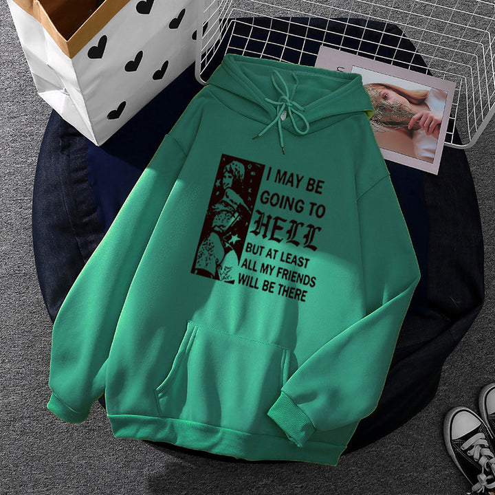 Damen weitgeschnittener Kapuzenpullover mit Gothic-Statementprint und Kängurutasche – Auréline