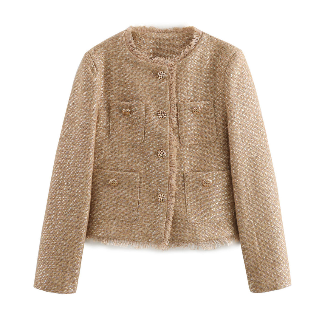 Damen kastiger Bouclé-Blazerjacke mit dekorativen Flechtknöpfen, aufgesetzten Taschen und fransiger Saumkante – Célinea