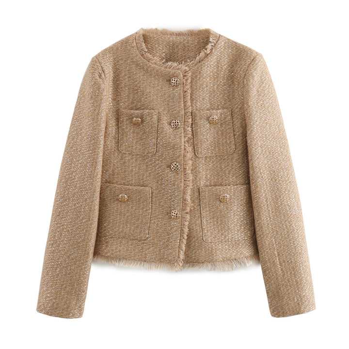 Damen kastiger Bouclé-Blazerjacke mit dekorativen Flechtknöpfen, aufgesetzten Taschen und fransiger Saumkante – Célinea