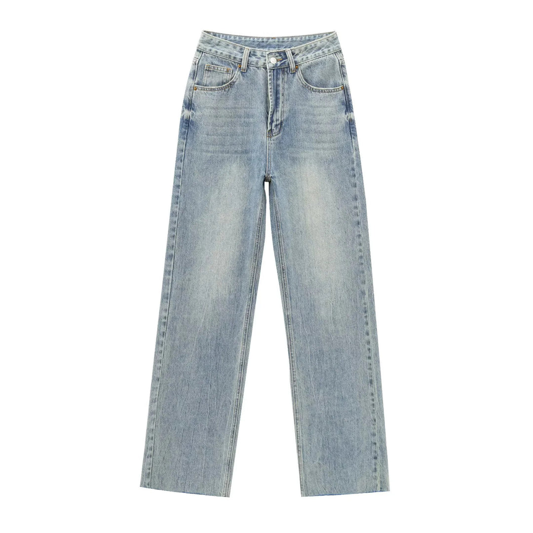 Damen hochgeschnittene weite Denimjeans mit geradem Bein und Fransensaum – Dénora