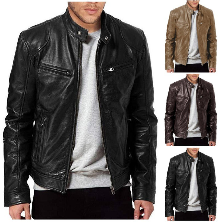 Herren nan vintage-inspirierte Lederjacke im Bikerstil mit Stehkragen und sichtbaren Reißverschlüssen Echo Archiv