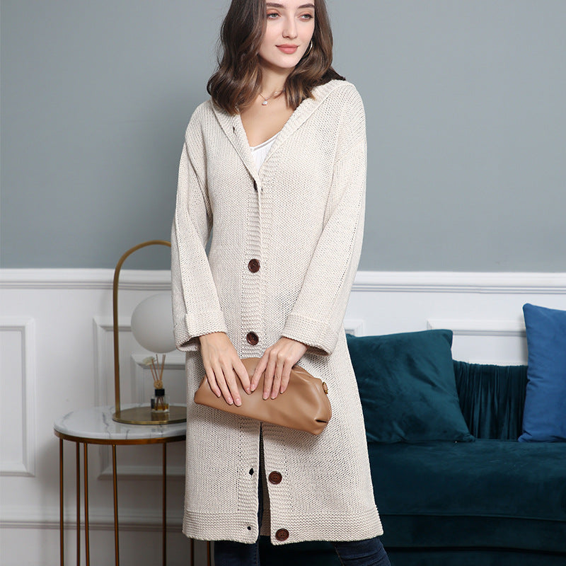 Damen Kapuzen-Longcardigan aus mitteldickem Rippstrick mit durchgehender Knopfleiste und lockerem Oversize-Schnitt Echo Archiv