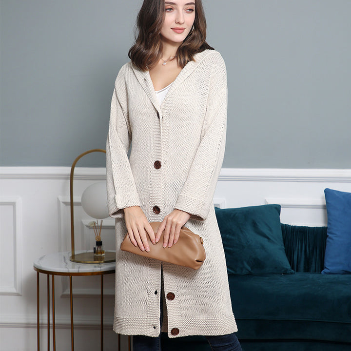 Damen Kapuzen-Longcardigan aus mitteldickem Rippstrick mit durchgehender Knopfleiste und lockerem Oversize-Schnitt Echo Archiv