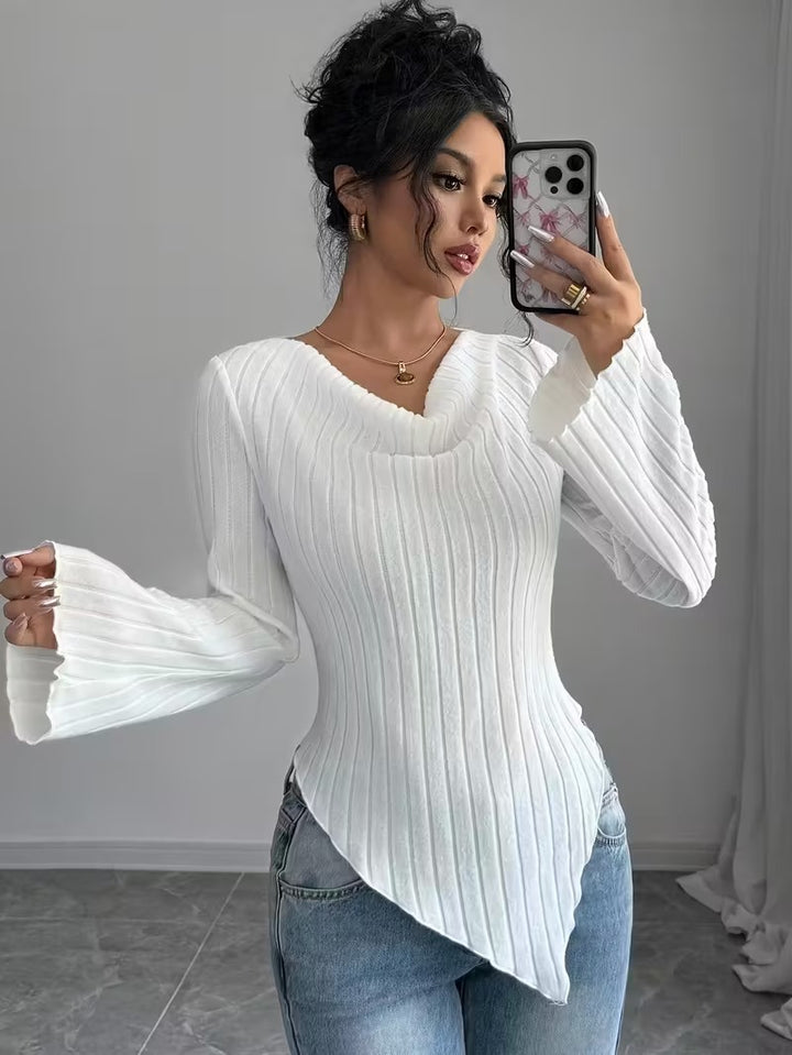 Damen Asymmetrischer Gerippter Feinstrickpullover mit V-Ausschnitt Echoarchiv
