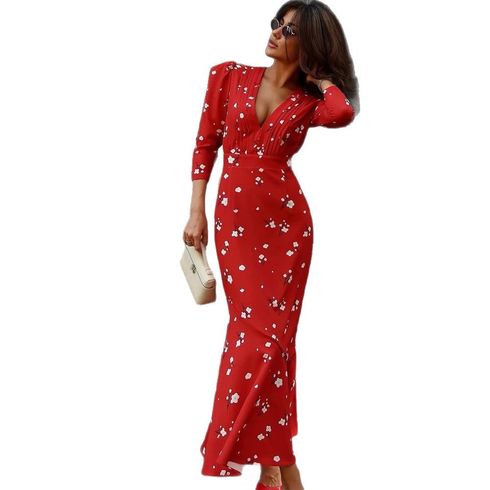 Damen Vintage-inspiriertes Maxikleid mit Puffärmeln, taillierter Silhouette und plissiertem Dekolleté Echoarchiv