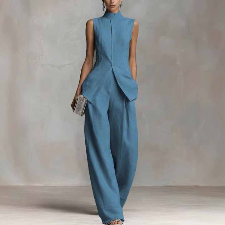 Damen Eleganter suit mit hochgeschlossenem Kragen und weitem Bein Echoarchiv