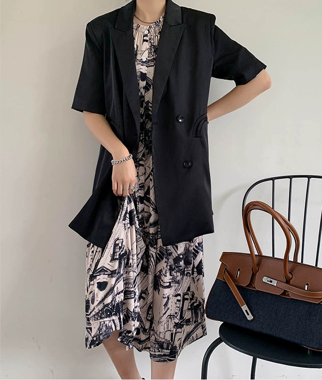 Damen Eleganter Satin-Blazer mit doppelter Knopfleiste Echoarchiv