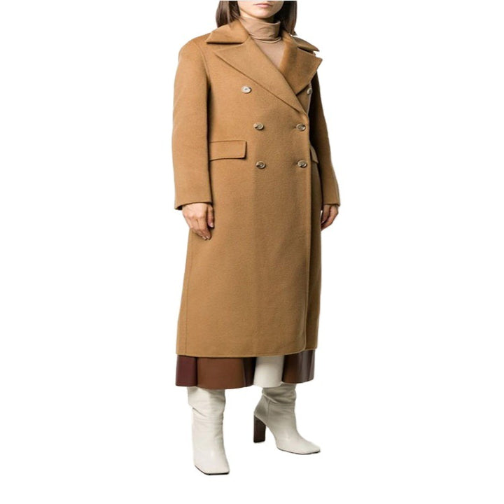 Damen Bodenlanger Zweireihiger Wollmix-Longcoat mit dezentem Gehschlitz und breitem Schalkragen Echoarchiv