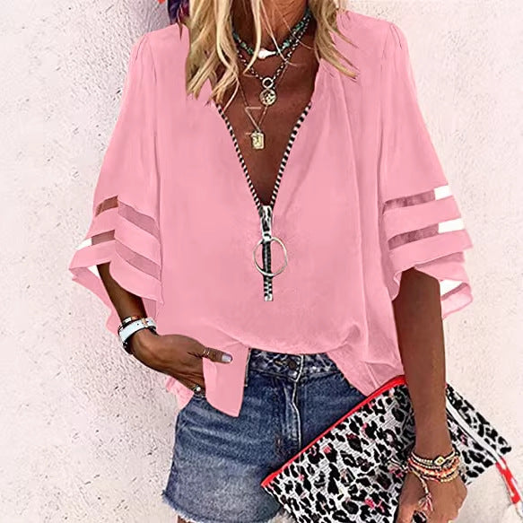 Damen V‑Ausschnitt Bluse mit dekorativem Ringreißverschluss und Cut-Out-Ärmeln Echo Archiv