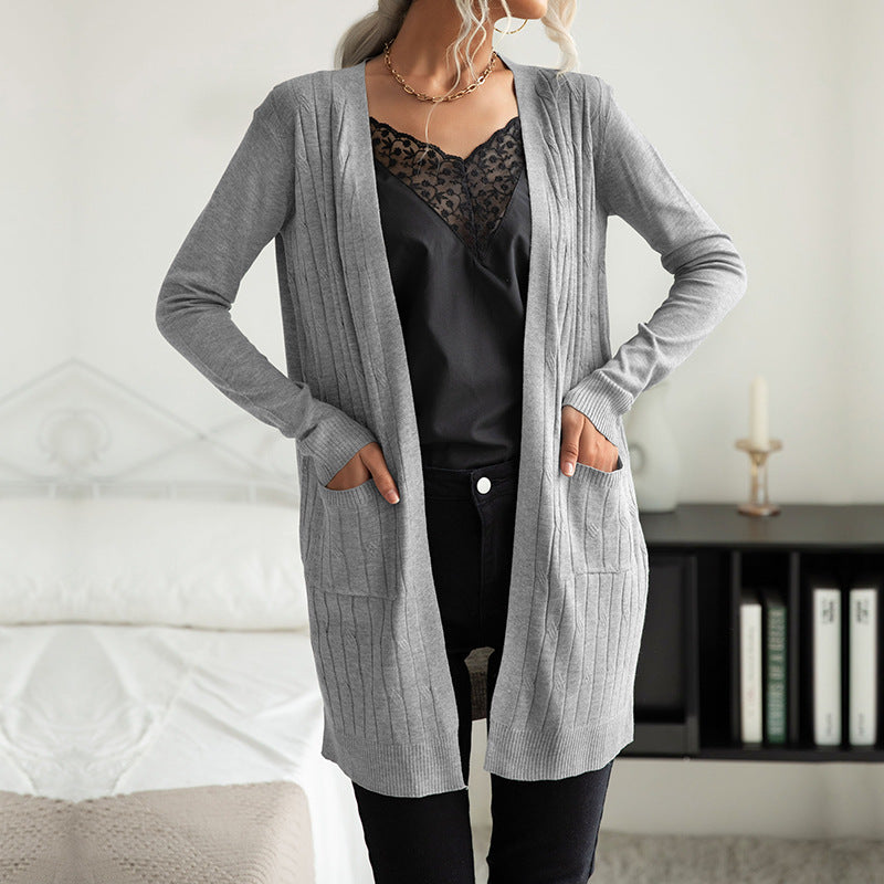 Damen Langer Feinstrick-Cardigan mit Rippenstruktur und Eingrifftaschen Echoarchiv