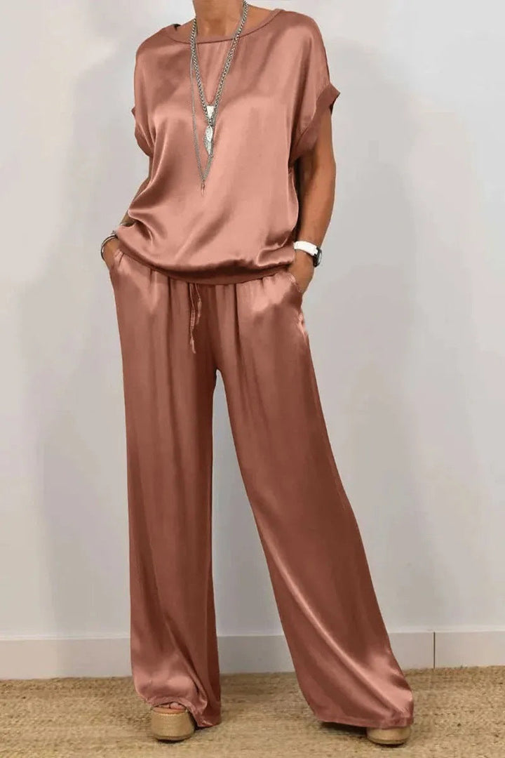 Damen Elegantes Satin Lounge-Set mit weitem Schnitt und lässigem Oberteil Echoarchiv