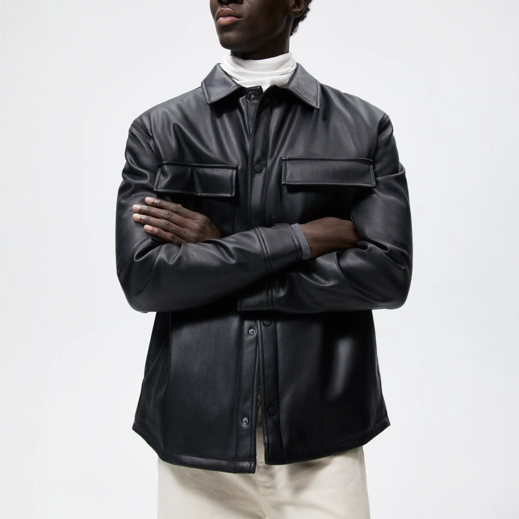 Herren Veganes Glattleder-Overshirt im Hemdjackenstil mit verdeckter Druckknopfleiste Echo Archiv