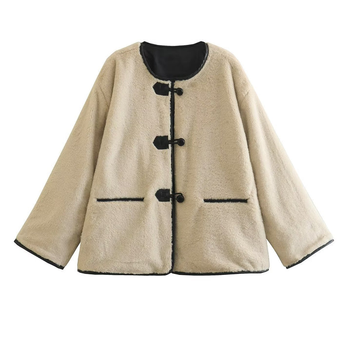 Damen nan kurz geschnittene Teddyjacke mit Knebelverschluss, runder Halslinie und kontrastierenden Kanten Echo Archiv