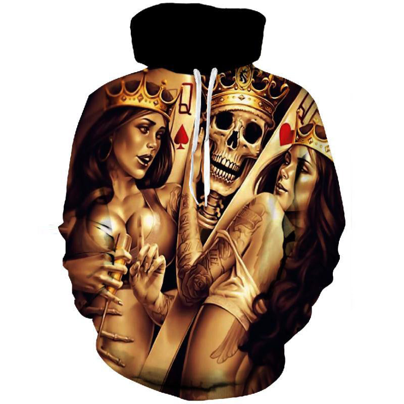 Herren Kapuzenpullover mit allover Totenkopf- und Spielkarten-Grafik Echoarchiv