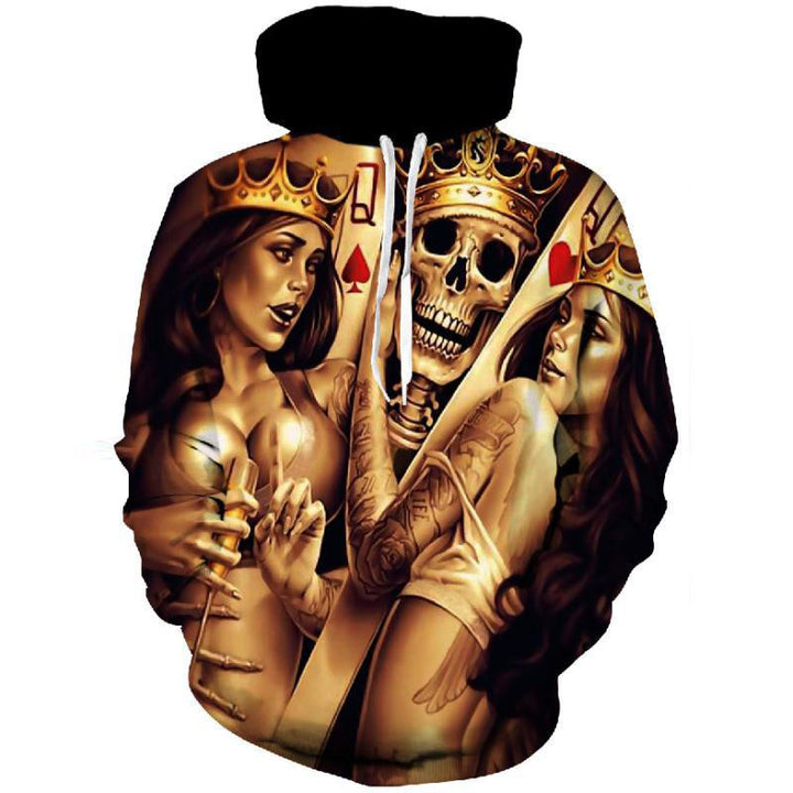Herren Kapuzenpullover mit allover Totenkopf- und Spielkarten-Grafik Echoarchiv