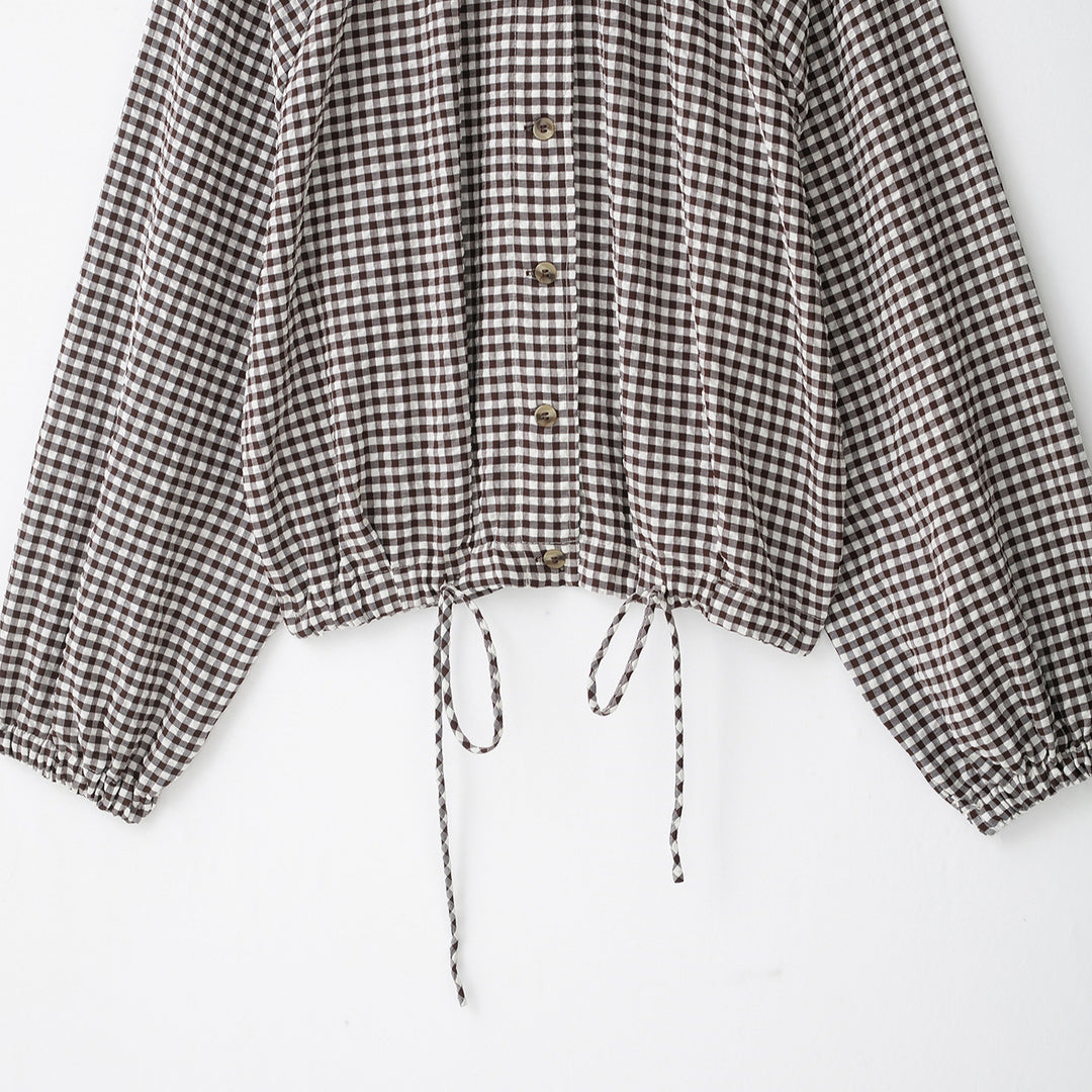Damen Karo-Bluse mit Stehkragen, Knopfleiste und Tunnelzug-Saum Echoarchiv