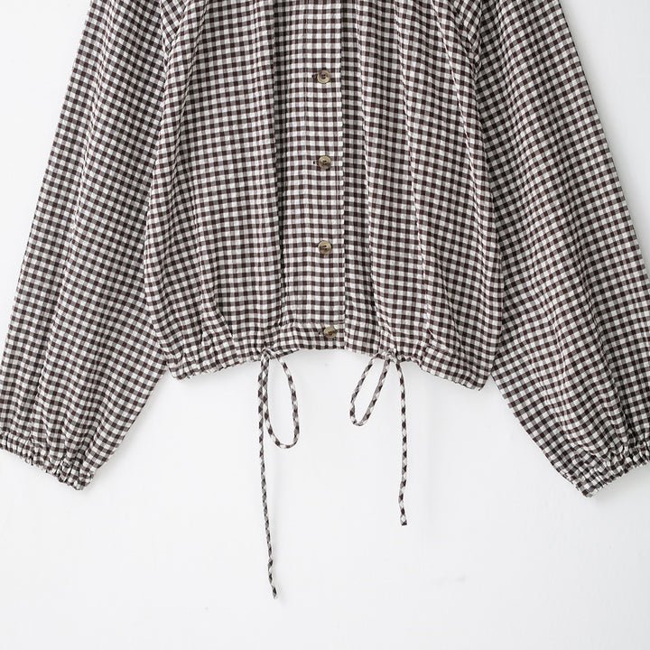 Damen Karo-Bluse mit Stehkragen, Knopfleiste und Tunnelzug-Saum Echoarchiv