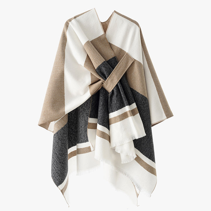 Damen Oversize-Capeponcho aus Wollmix mit Bindeschlaufe und Streifenbordüre Echo Archiv