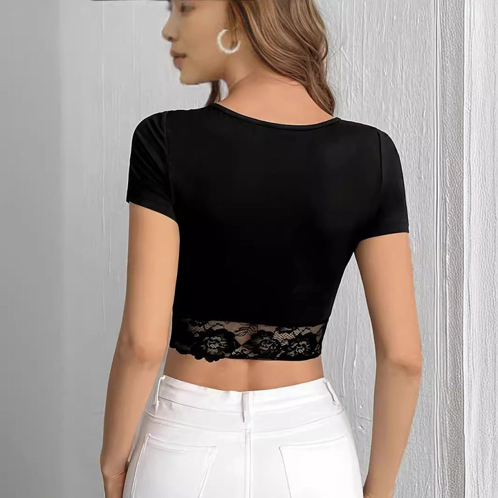 Damen nan kurzes figurbetontes Crop-Top mit gerafftem V-Ausschnitt und transparenter Spitzenborte Echo Archiv