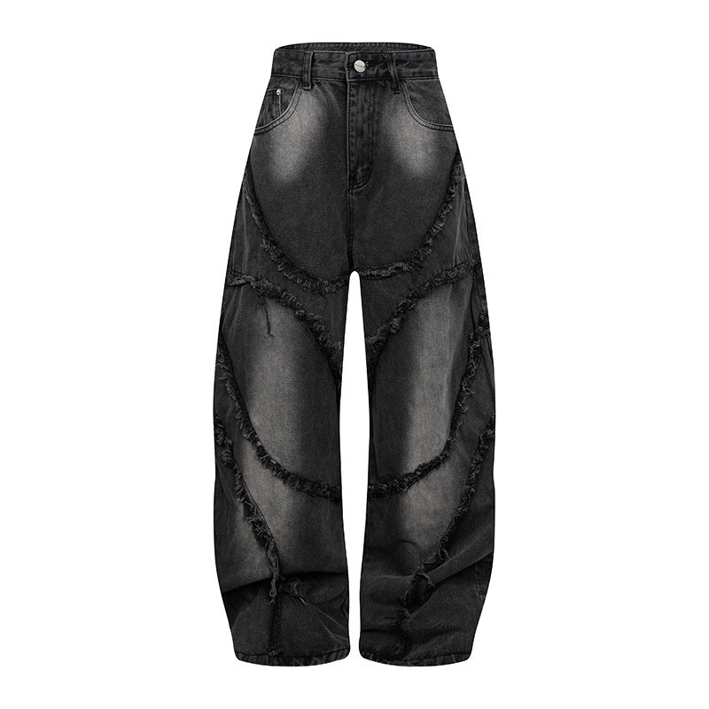 Damen Baggy-Jeans mit hohem Bund, ballonförmiger Weite und ausgefransten Patchnähten Echoarchiv