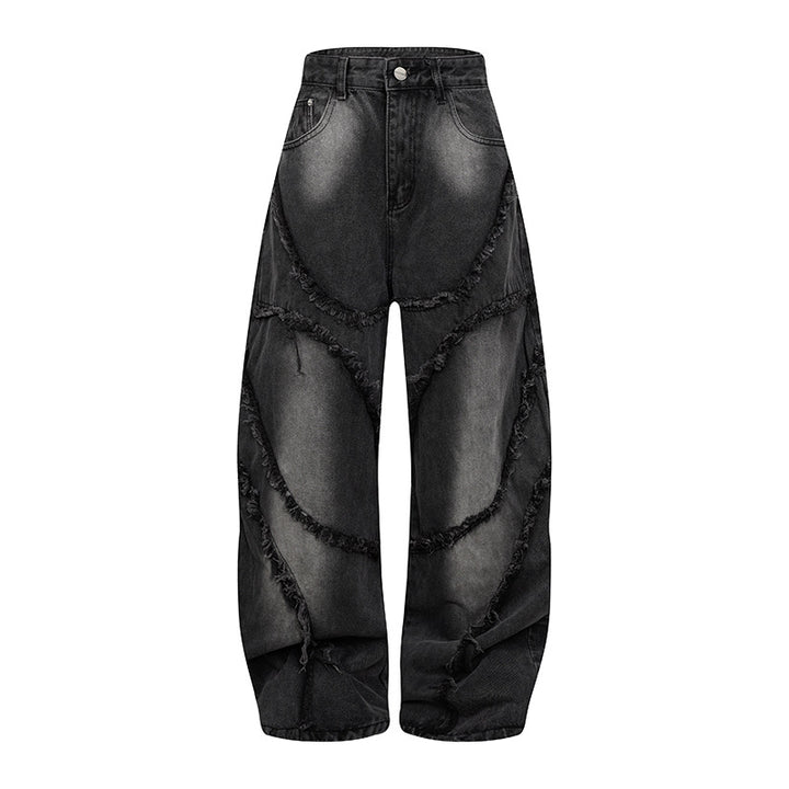 Damen Baggy-Jeans mit hohem Bund, ballonförmiger Weite und ausgefransten Patchnähten Echoarchiv