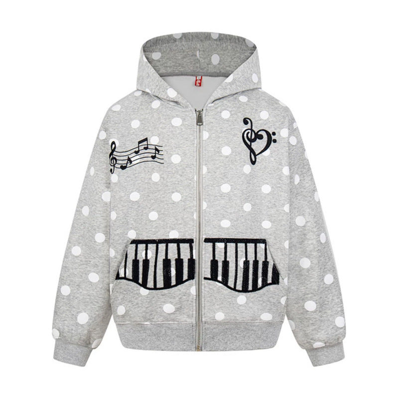 Damen Kapuzen-Sweatjacke im Retro-Punkte-Look mit gestickten Klavier-Taschen und Noten-Emblem Echoarchiv
