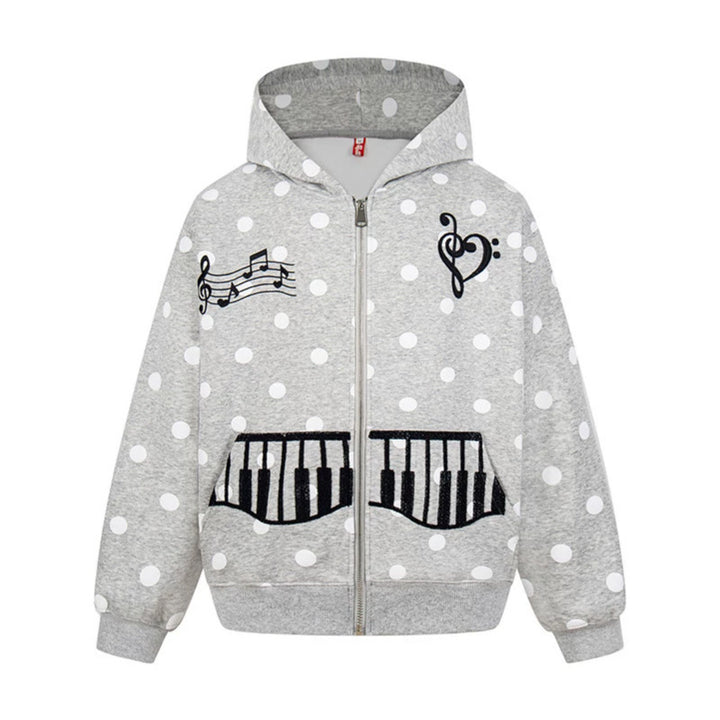Damen Kapuzen-Sweatjacke im Retro-Punkte-Look mit gestickten Klavier-Taschen und Noten-Emblem Echoarchiv