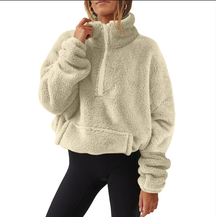 Damen nan Oversize-Halbzip Teddy-Fleecepullover mit Kängurutasche und hohem Stehkragen Echo Archiv