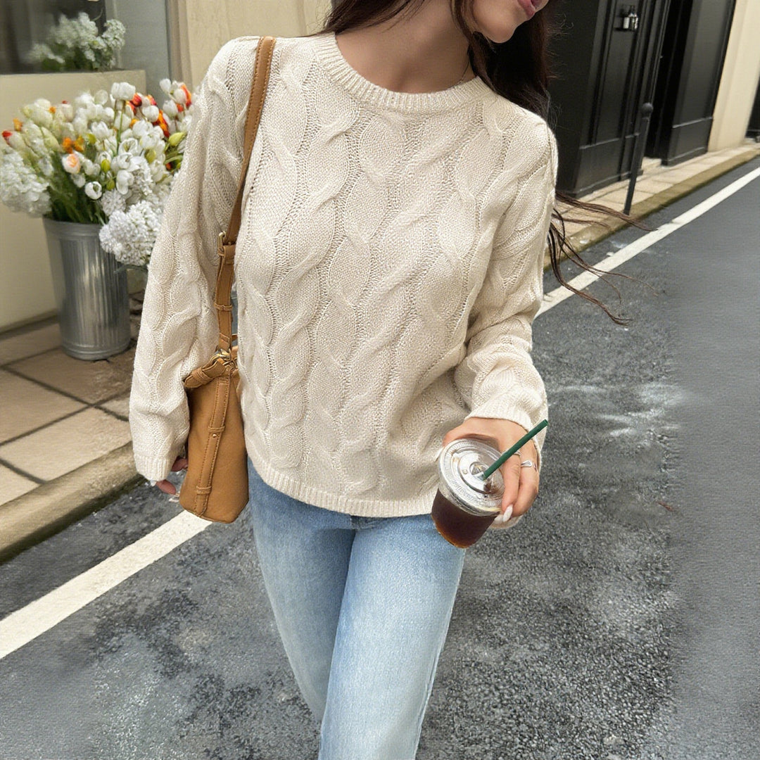 Damen oversized Zopfstrickpullover mit Rundhalsausschnitt und weichem Fall – Mavelle