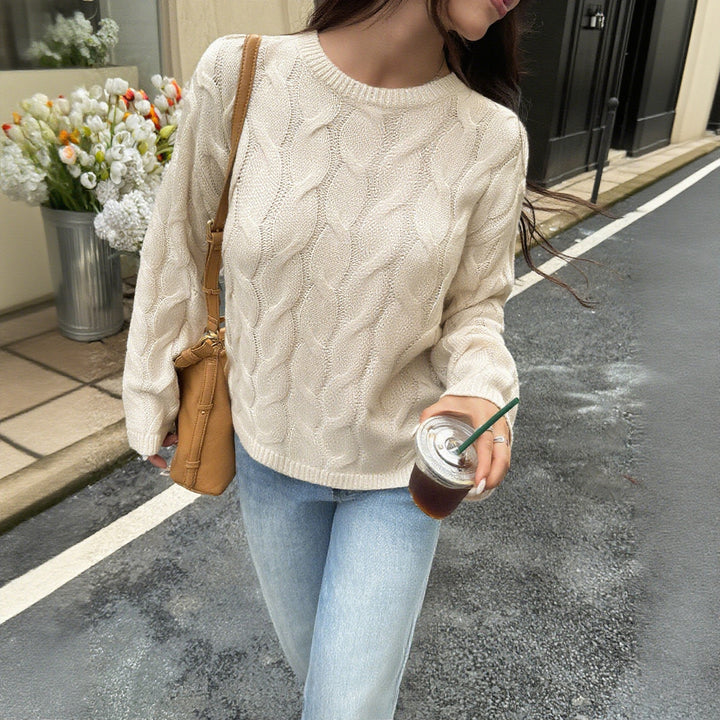 Damen oversized Zopfstrickpullover mit Rundhalsausschnitt und weichem Fall – Mavelle