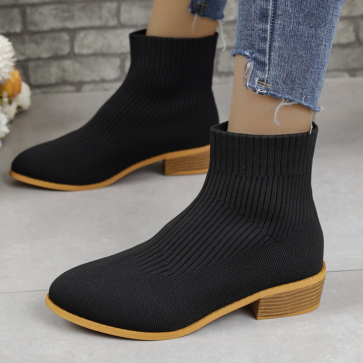Damen nan gestrickte Sock-Ankleboots mit elastischem Schaft und niedrigem Holzblockabsatz Echo Archiv