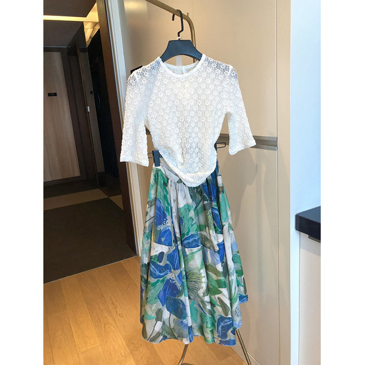 Damen Zweiteiliges Set: Gehäkelte Spitzenbluse mit ellbogenlangen Ärmeln & Floraler taillenhoher Midirock Echo Archiv