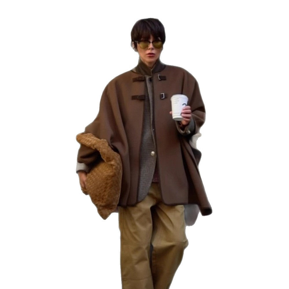 Damen Oversize Cape Mantel aus Wollmix mit hohem Stehkragen und Lederlaschen Echoarchiv