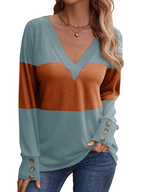 Damen Colorblock V‑Neck Feinstrickpullover mit dekorativen Manschettenknöpfen – Avérine