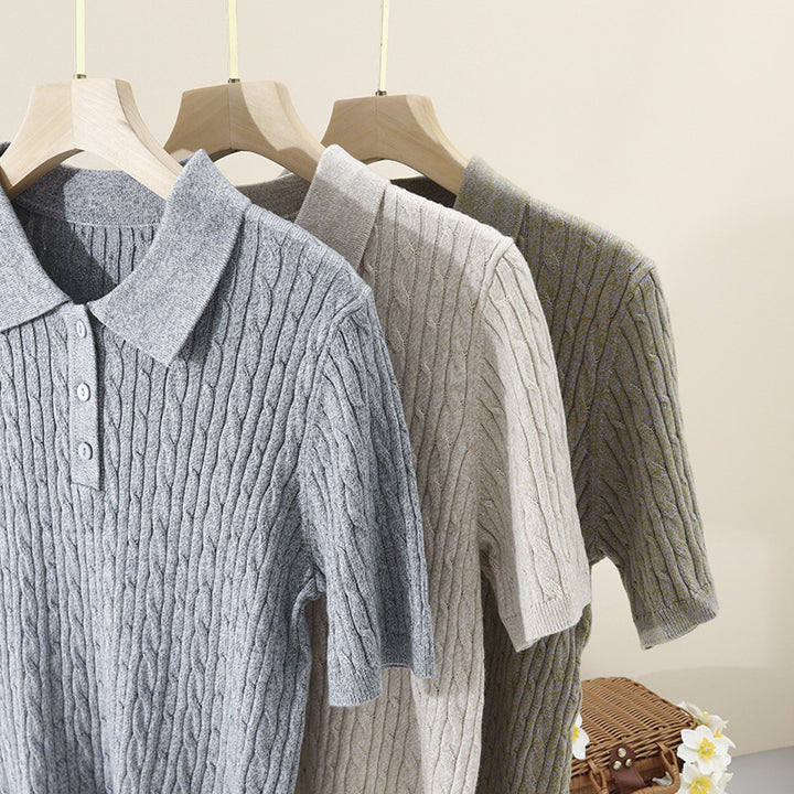 Damen Kurzärmeliges Strick-Poloshirt mit Zopfmuster und Knopfleiste Echo Archiv