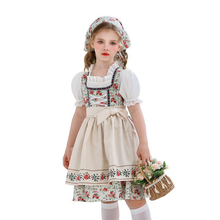 Damen nan traditionelles Dirndlkleid für Mädchen mit bestickter Schürze, Rüschenkragen und passendem Kopftuch Echo Archiv