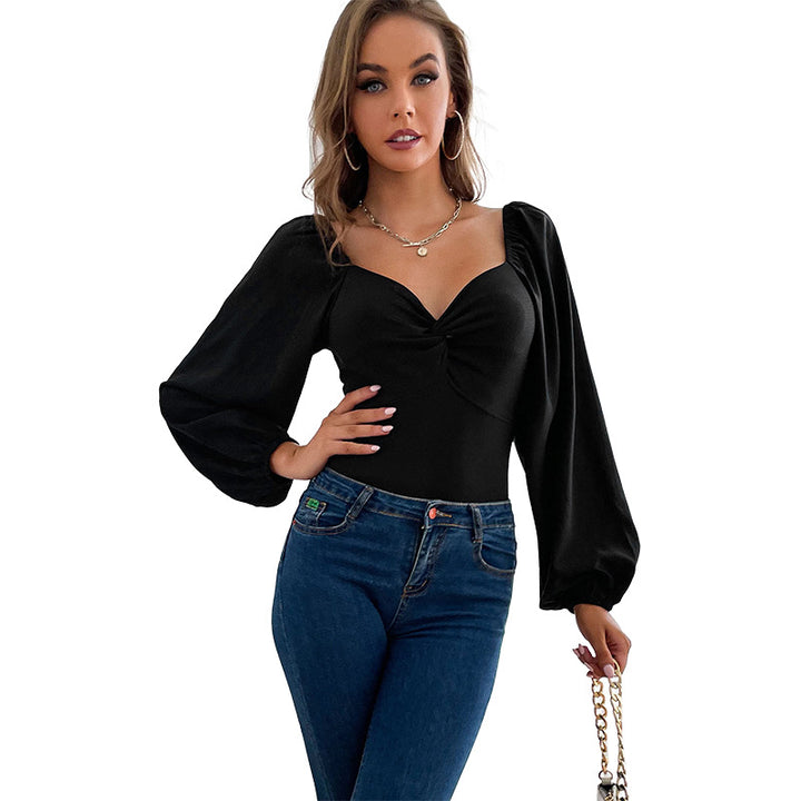 Damen Figurbetonter Langarm-Body mit gedrehtem Bustier und Ballonärmeln – Bodéline